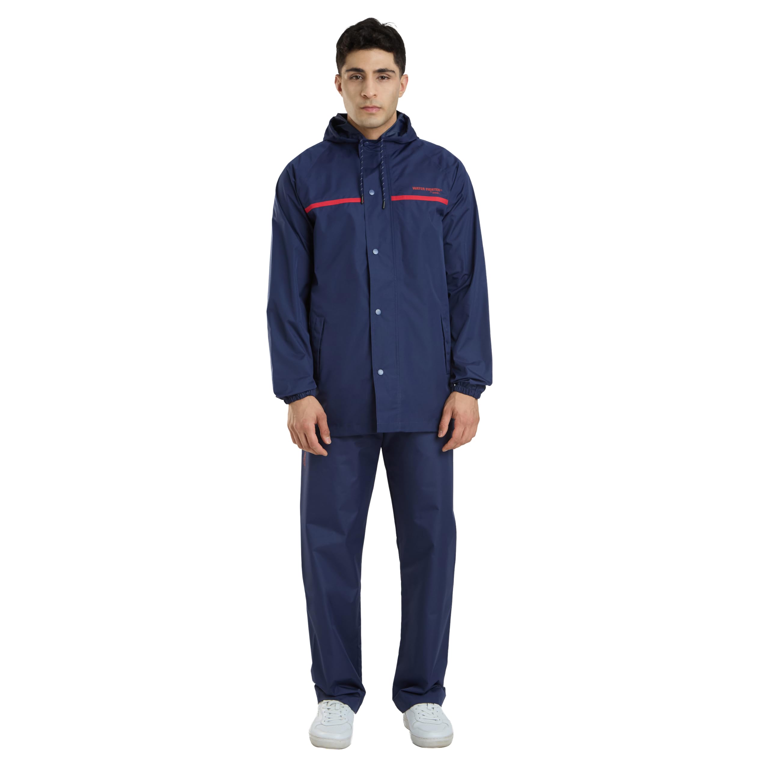 Water Fighter by ZEEL Rain Coat for Men with Adjustable Hood, Polyester Waterproof Full Sleeves, Top and Bottom Set Rainwear, Front Zip with Snap Button Flap (EWF1020, Navy, XXL)-image-44