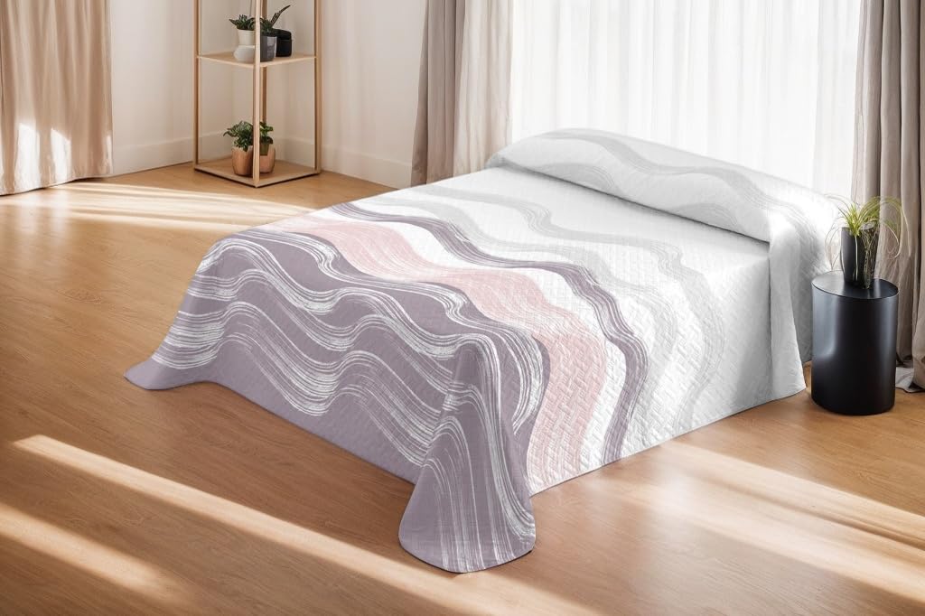 BESCH Colcha Boutis para Primavera y Verano Reversible Estampado Muy Fina Ligera 230x260cm - Colcha Ligera Fina Entretiempo para Cama 135 (Estampado Ondas Rosa)