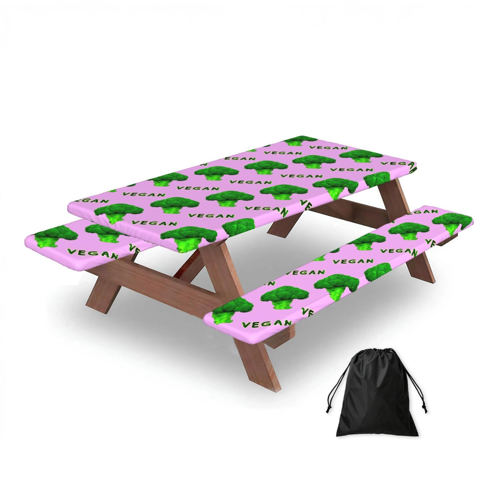Dopklna As Picture Broccoli Vegan Green Pink, Picnic Table Cover With Bench Covers -Waterproof Elastic Fitted Tablecloth For Garden Camping Patio 76X152cm