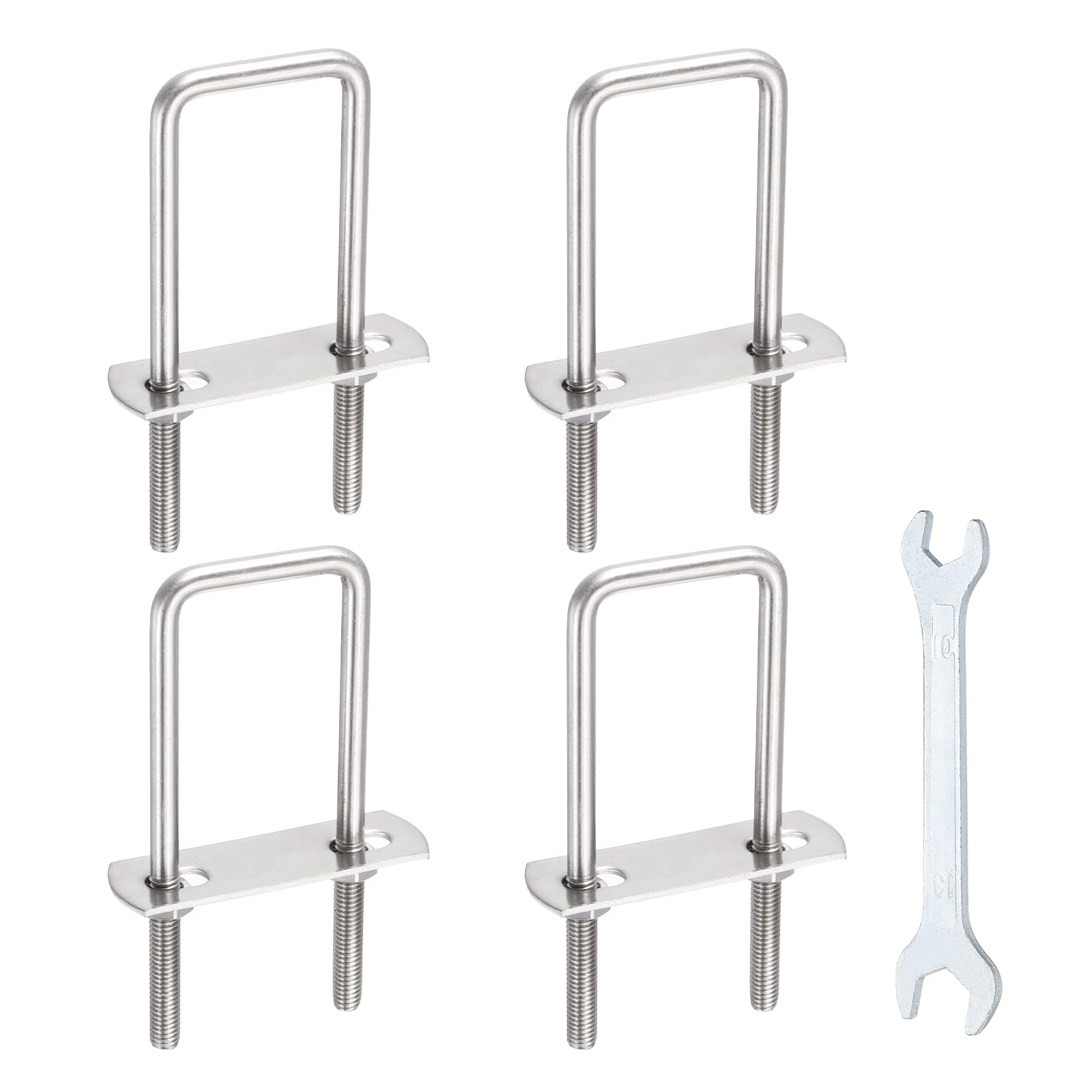 sourcing map 4 Sets M6 Square U-Bolts, 1.18"(30mm) Inner Width 3.7"(95mm) Length 304 Stainless Steel U Clamp Bolts with Nuts, Plates and Wrench for Trailer Ski Boat Fishing Boat — image 1