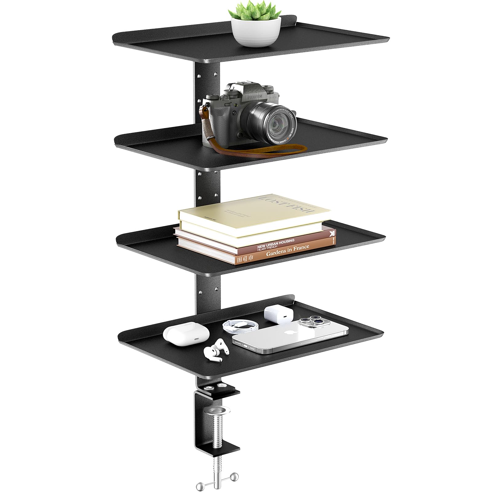 Desk Organizer Shelf, Clamp-on Desk Storage Shelves, 4-Tier Adjustable Metal Storage Tray, Computer Table Organizer for Office, Does Not Take Up Desktop Space
