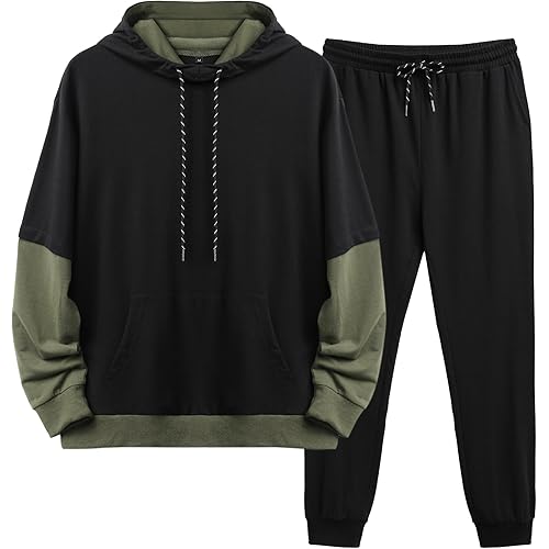 LecGee Men 2 Piece Tracksuit Outfit Contrast Color Patchwork Hoodie Sweatshirt Sweatpants Casual Jogging Sweatsuit Set