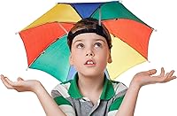 Vista 7 de Sombrero de paraguas para adultos y niños, protección contra la lluvia y el sol manos libres, diseño colorido de arco iris para pesca, senderismo