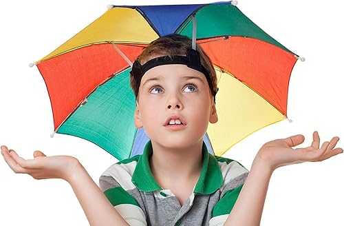 Miniatura 7 de Sombrero de paraguas para adultos y niños, protección contra la lluvia y el sol manos libres, diseño colorido de arco iris para pesca, senderismo,