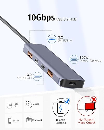 Miniatura 10 de Hub Ethernet USB C, adaptador multipuerto USB C 6 en 1 con HDMI 4K 60HZ, puertos USB C de 10 Gbps y 2 A de datos, carga PD de 100 W, RJ45, apto para