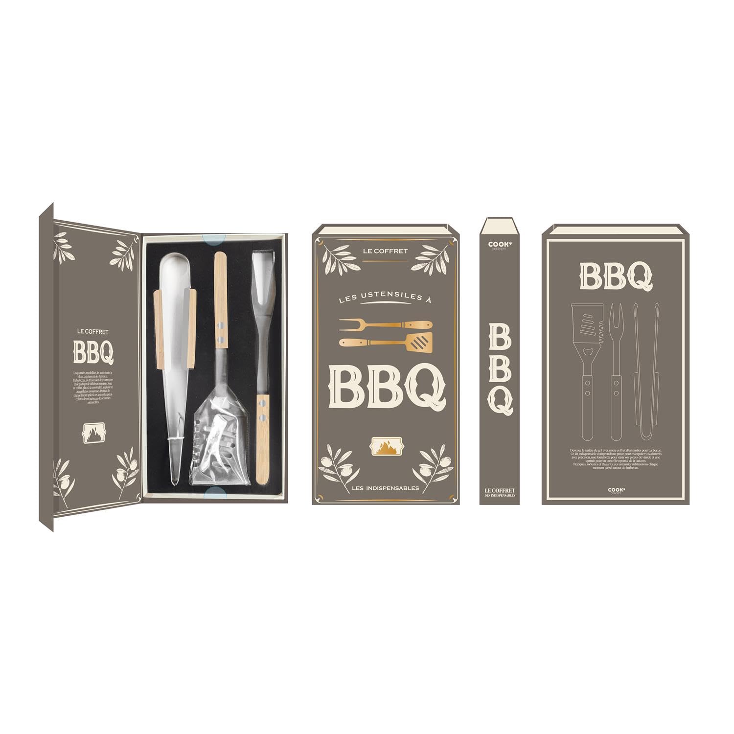 Set de regalo de accesorios para barbacoa de 3 piezas – Pinzas para barbacoa, espátula de barbacoa y tenedor de barbacoa de acero inoxidable con mango de madera – Incluye caja de regalo/maletín (forma
