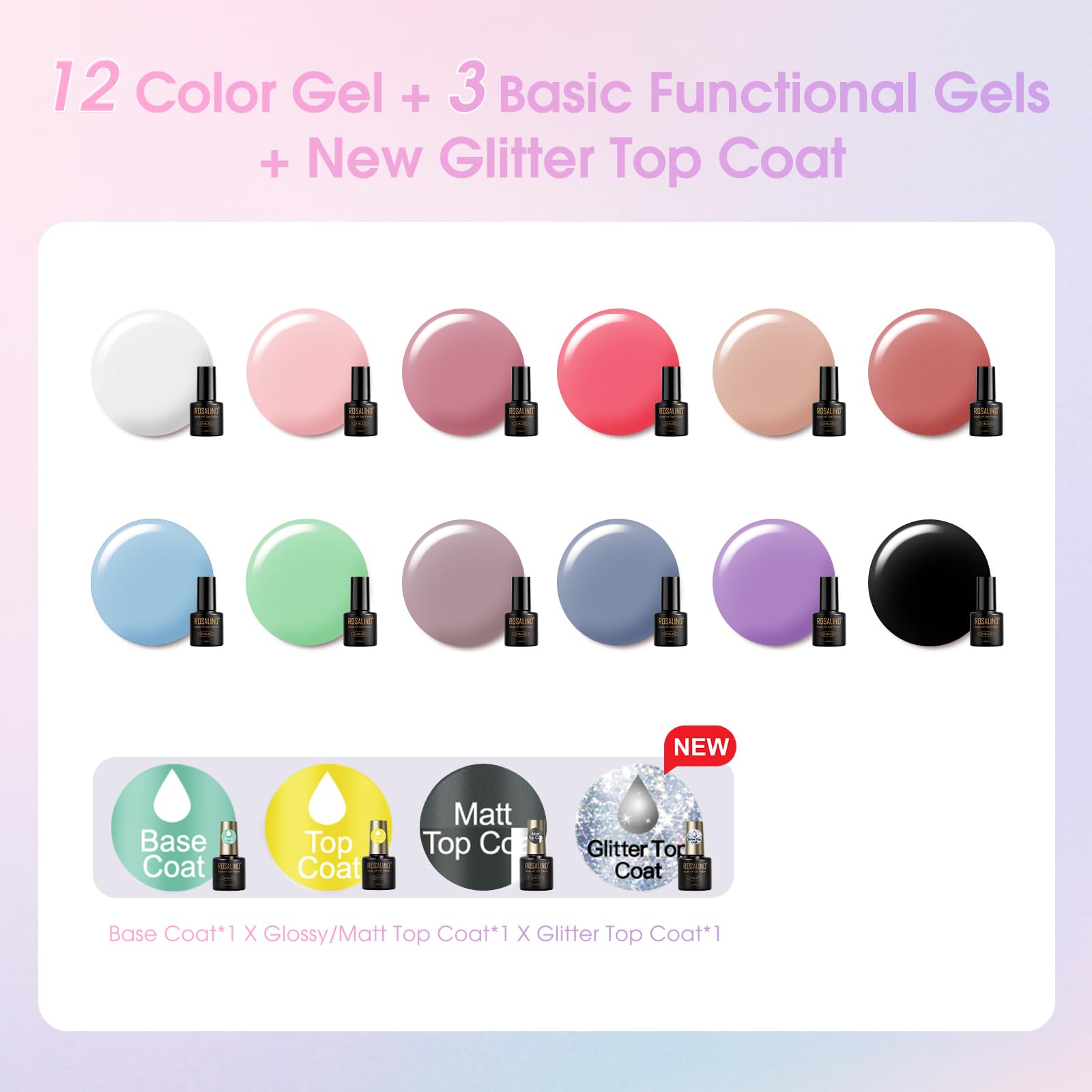 ROSALIND Kit Vernis Semi Permanent avec UV LED Lampe, 12+4 PCS Blanc Rose Bleu Vert Violet Couleurs Vernis Gel, Kit Ongle Gel UV Manucure Cadeau pour Débutant Démarrage