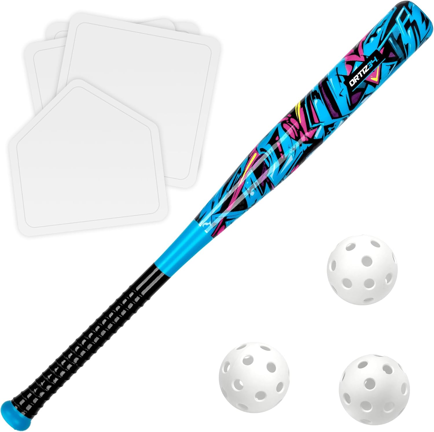 (Incomplete) Grand Slam Set- Graffiti Plastic Bat, David Ortiz Backyard Baseball Set with 3 Balls, 4 Throw Down Bases Blue/Purple