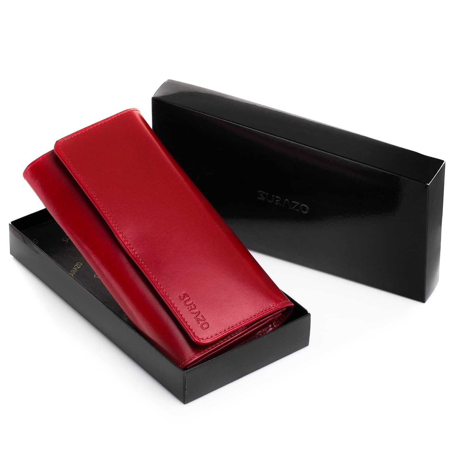 SURAZO® Skórzany portfel damski, duży, wiele przegródek, duży portfel z 12 przegródkami na karty [ochrona RFID], skórzany portfel damski, portfel damski z klapką, czerwony, XL