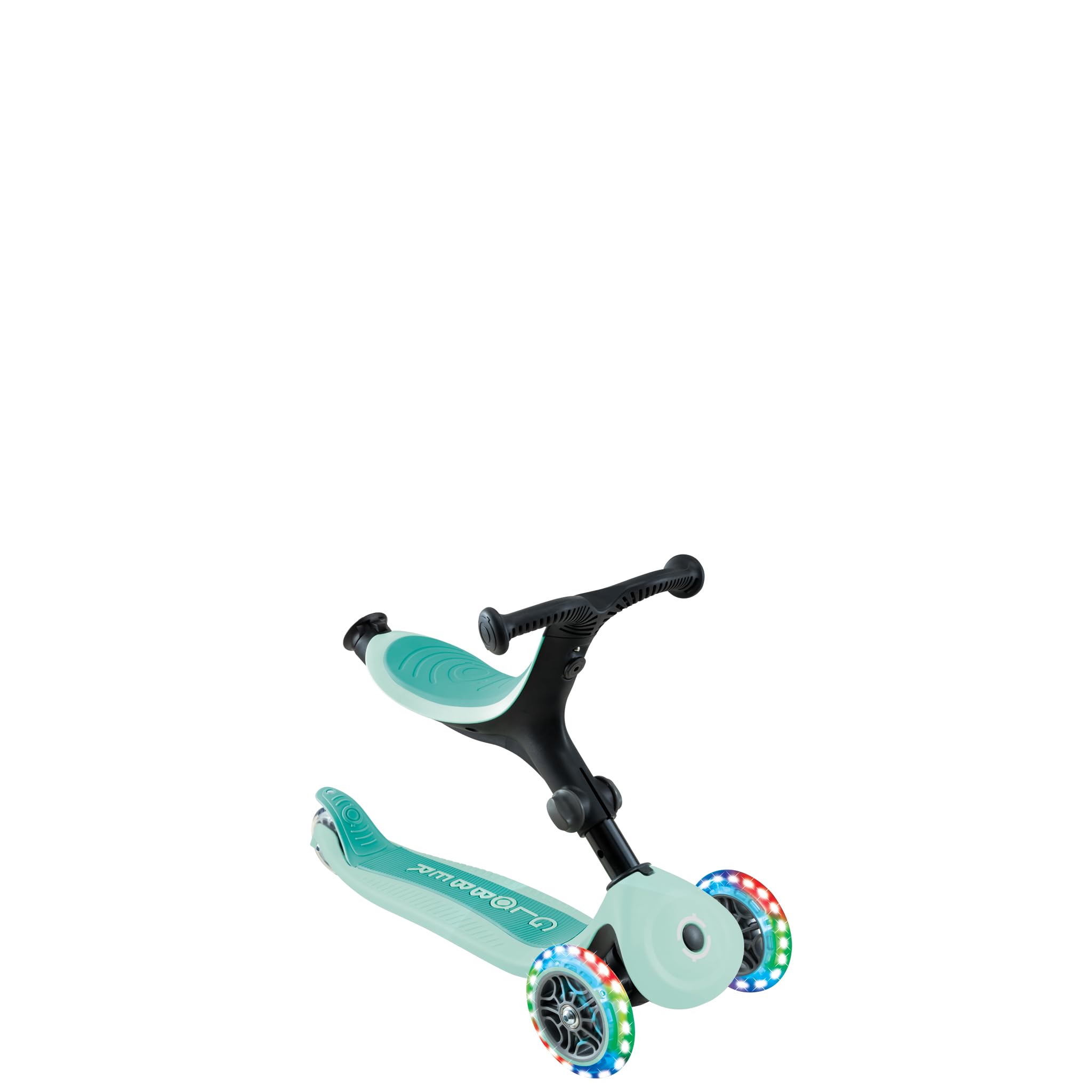 Globber - GO•UP ACTIVE LIGHTS 360 - monopattino evolutivo con seduta girevole a 360°, poggiapiedi, luci LED e 3 ruote, per bambini da 15 mesi a 6 anni - verde menta