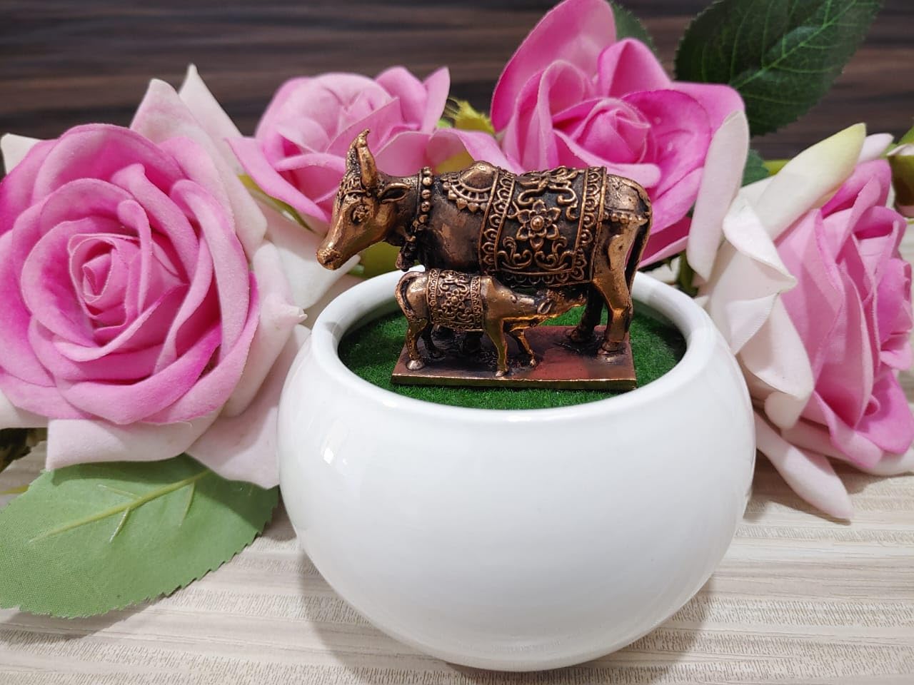 Idol Home Decor - Handcrafted Copper Cow & Calf Idol | Hasu Karu | 65grams | inches | Patina Antique Finish | Pack of 1 Piece