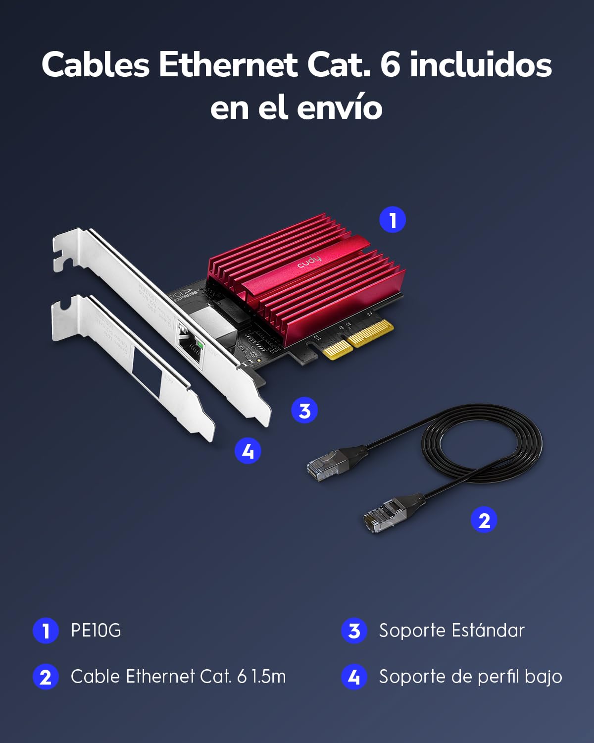 Cudy Tarjeta de red PCIe de 10 GB, adaptador PCIe Base-T de 10 G, control de flujo, adaptador PCIe a 10 Gigabit Ethernet, compatible con Windows 11/10, WindowsServer 2022 y Linux, incluyendo cable de