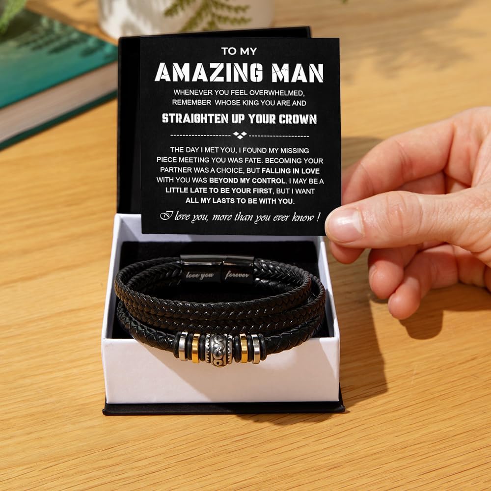 To My Man Bracelet, Husband Bracelet Gifts From Wife, Men Bracelets Gift, Braided Leather Stainless Steel Infinity Bracelets Lettering Love You Forever Jewelry Gifts For Man With Message Card & Box - Image 2