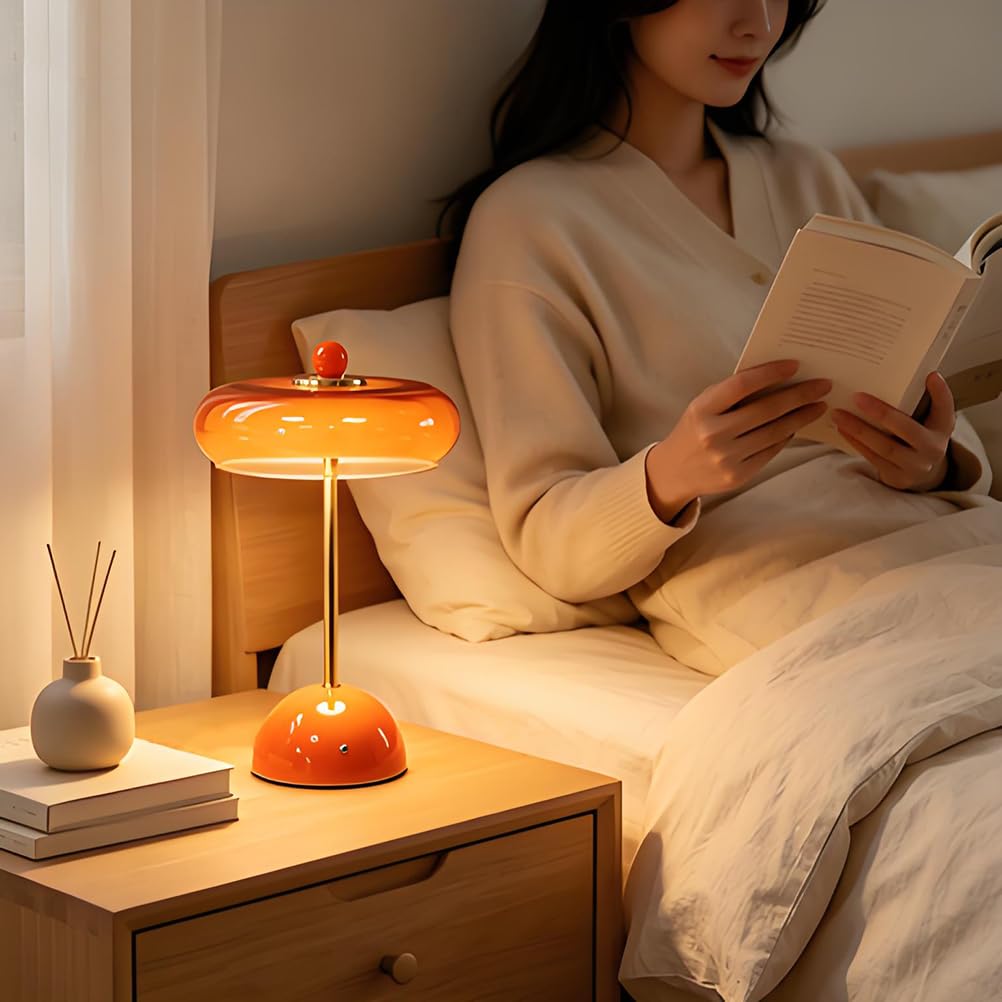 AoLa Tischlampe Orange Kabellos Pilzlampe Akku Tischleuchte Dimmbar Touch Lampe USB Aufladbar Batterie Nachttischlampe Ohne Kabel 3000K-6000K Orange Pilz Lampe Tragbare Vintage Lampe