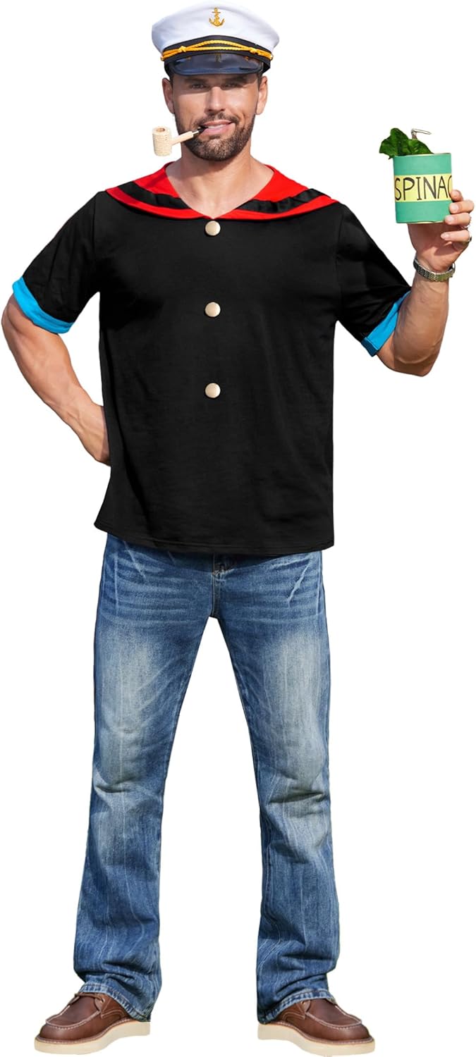 arvilhill mens halloween popeye costume adult funny sailor outfit with hat pipe (s-3xl) black - 4 piece set medium