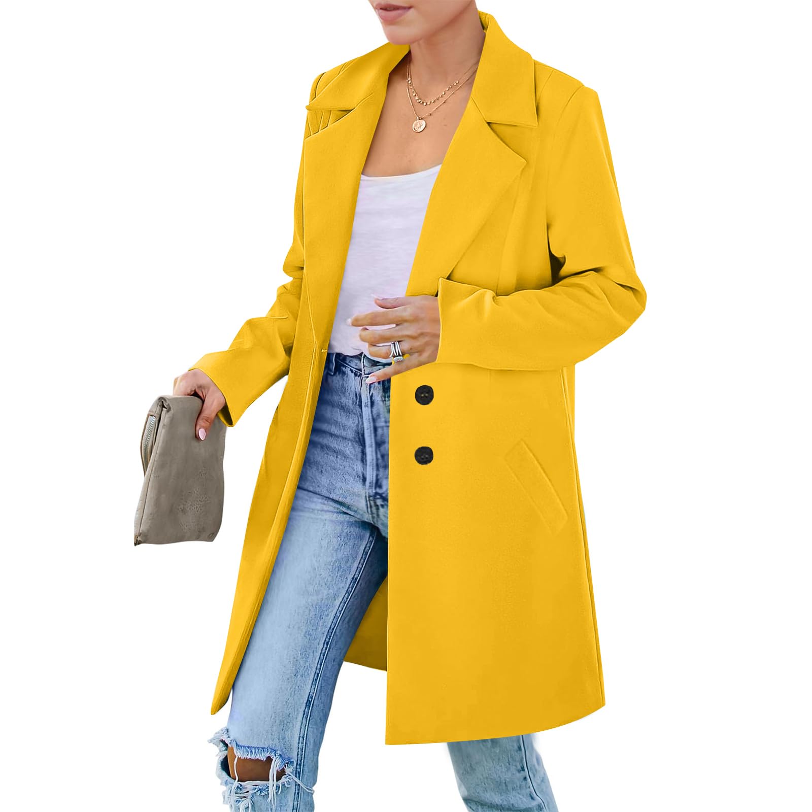 Wool Pea Coats for Women Plus Size Fleece Midi Long Trench Coat Notched Stabd Collar Elegant Windbreaker Winter