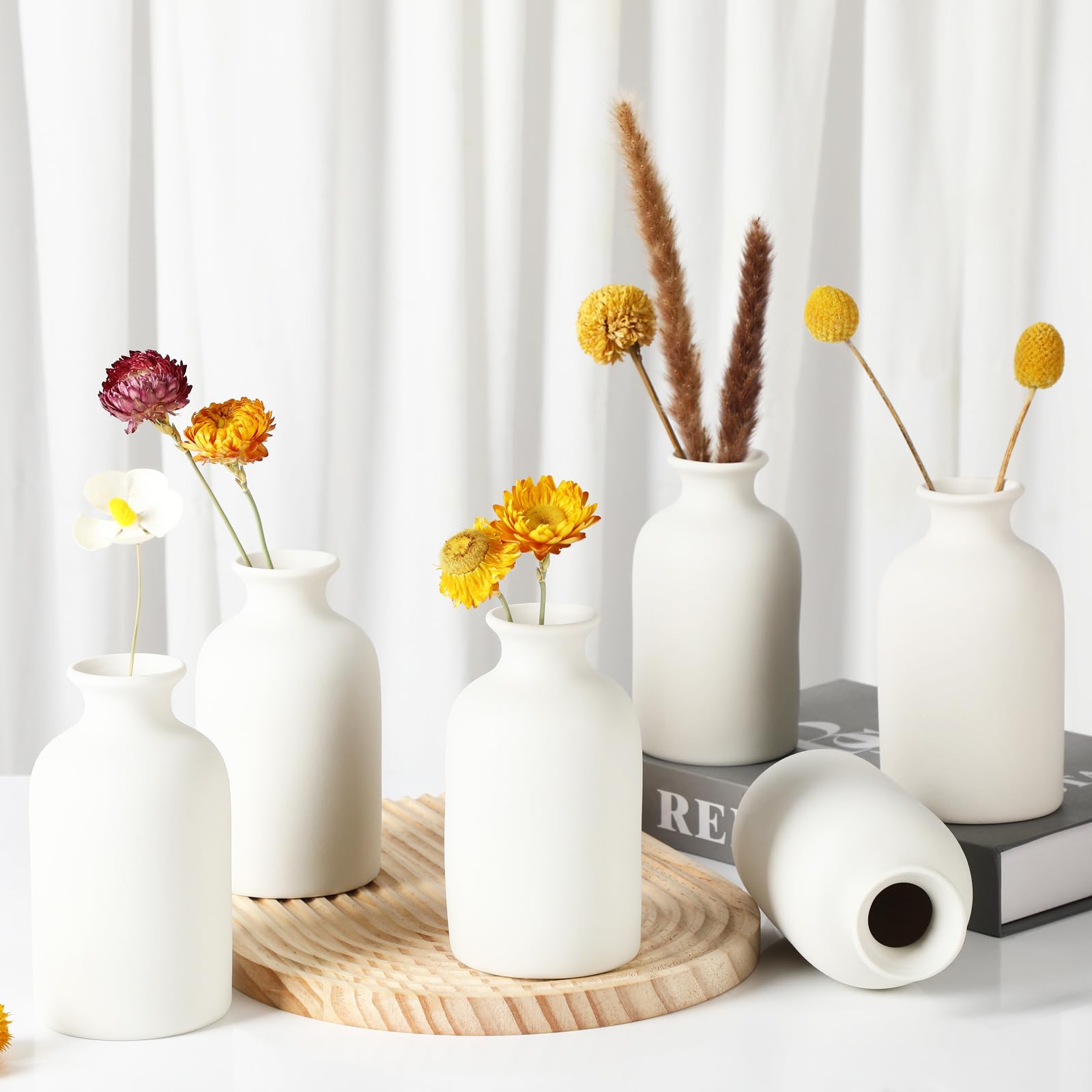 YANLING 6 Pcs White Vase Ceramic Vases for Home Decor, 5.6 inch White Ceramic Vases for Centerpieces Small Boho Vases, Pampas Grass Vases Table Vase for Dried Flowers Decor