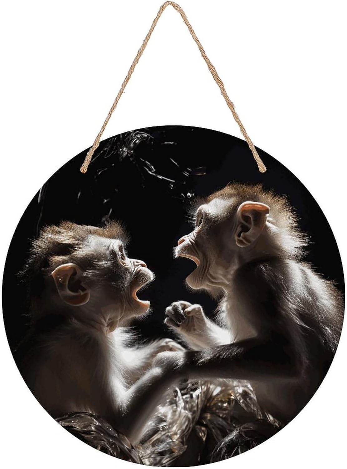 FekiLoot Little Monkey Playing Wall Art Decor Round Wooden Hanging Door Decor Welcome Door Sign Decor Rustic Front Door Hanger for Indoor Outdoor Home Porch Window Decor