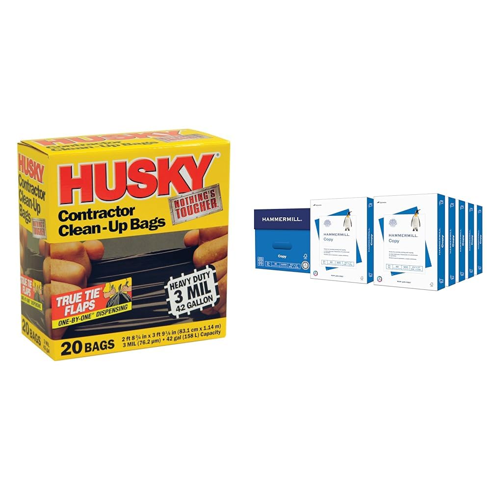 Husky HK42WC020B 42-Gallon Polyethylene Resin Contractor Clean-Up Bags & Hammermill Printer Paper, 20 lb Copy Paper, 8.5 x 11-10 Ream (5,000 Sheets) - 92 Bright, Made in The USA