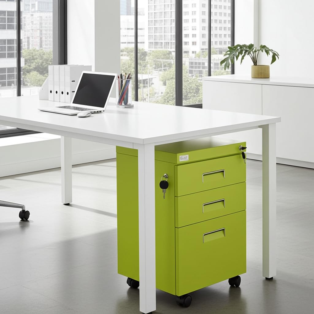 Jet-Line® | Büro Rollcontainer | Metall | 3 Schubladen | Hängeregister | abschließbar | Aktenschrank | Büromöbel | Homeoffice | Büroschrank | Grün