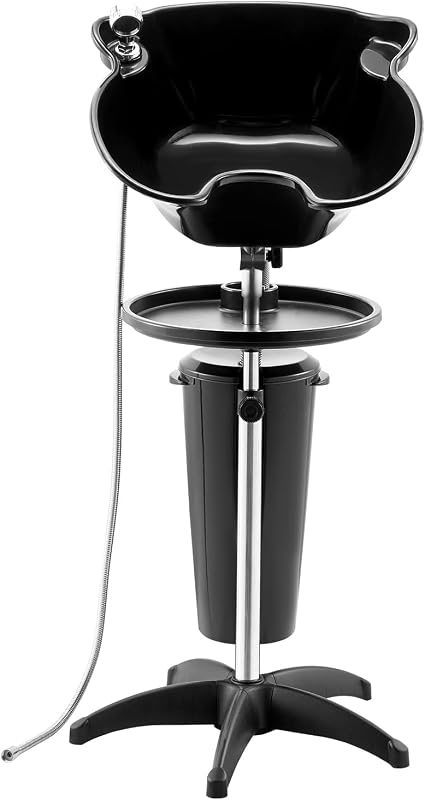 VEVOR Portable Shampoo Bowl, Deep Shampoo Sink with Adjustable Height & Angle, Washing Hair Station Includes Drain Hose, Shower Head and Bucket, Salon Sink for Home & Barber Use, Black