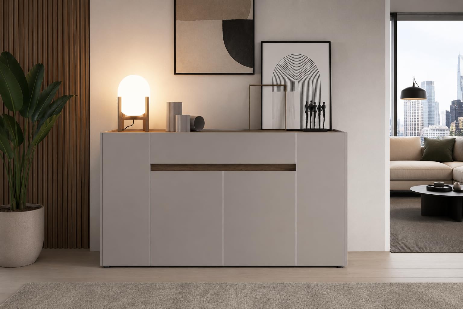 Credenza Moderna Madia In Melaminico Con 4 Ante E 1 Cassetto Mobile Contenitore Sala da Pranzo Soggiorno Design Senza Maniglie Elegante Capiente 170 x 85 x 40 cm (Noce Chiaro)