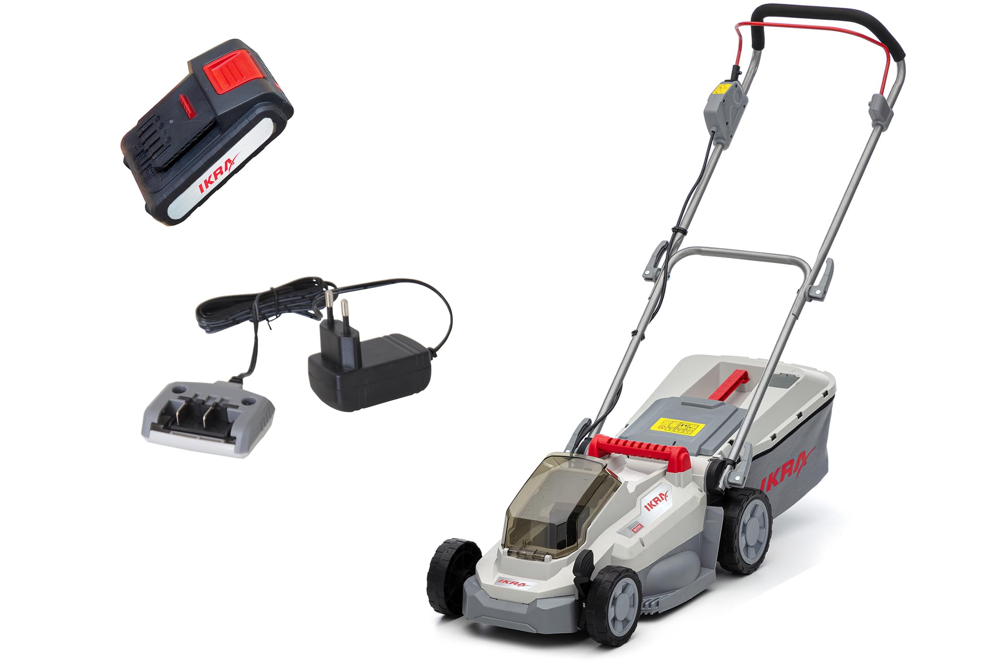 IKRA Rasenmäher ICM 2033, Breite 33cm, inkl. Akku 20V & Ladegerät | Schnitthöhe 25-75mm, Mulchmäher für Rasenflächen bis 150m², Holm höhenverstellbar, Fangsack 30l, 20V-Akku-Familie von IKRA