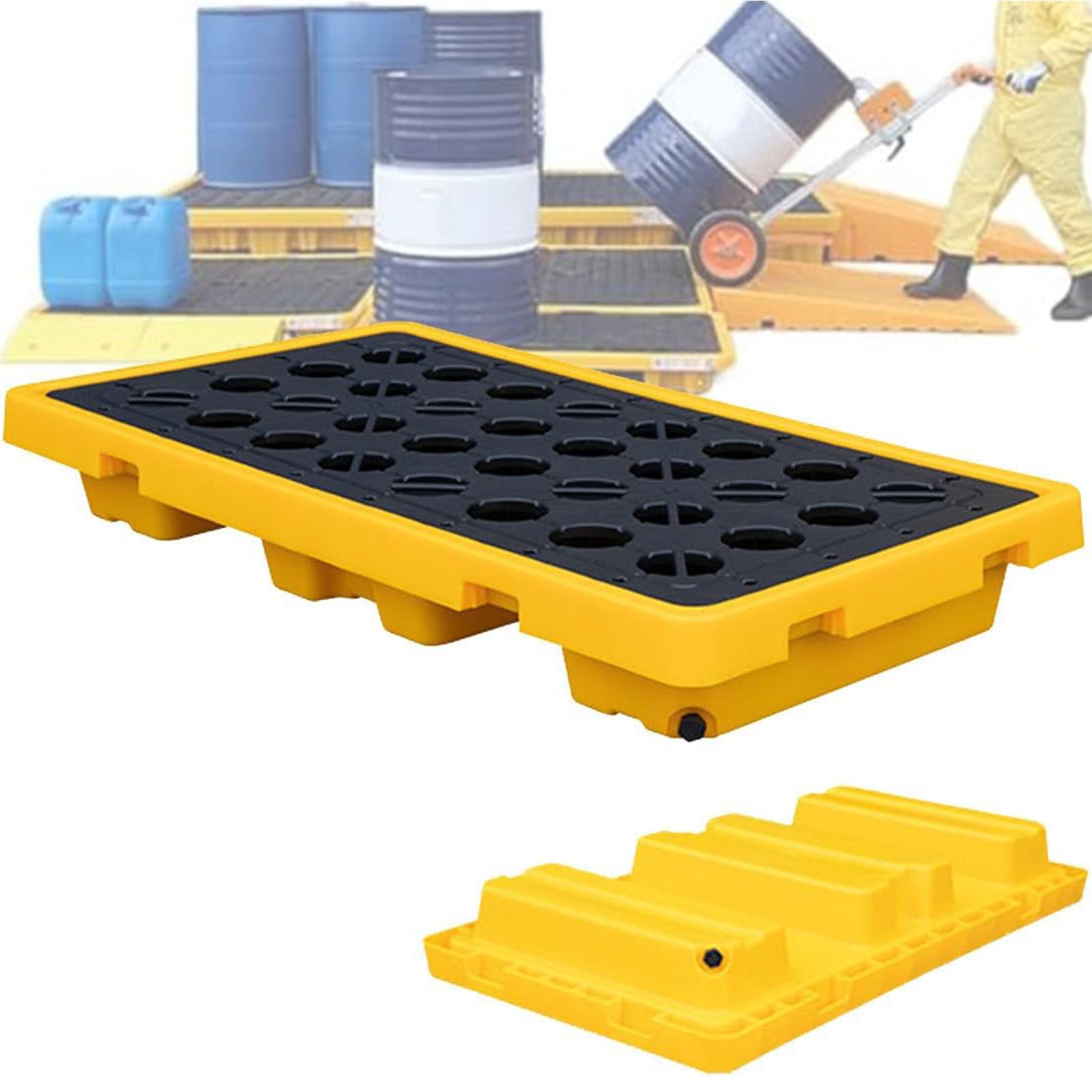 GYEQXKT Spill Containment Platform with Drain - Stackable Modular Spill Pallet Tray for Ton Barrel with Forklift Pockets and Leak-Proof Base