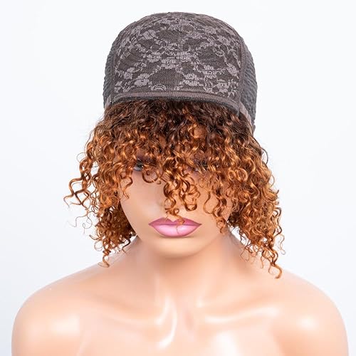 Miniatura 8 de Pelucas de cabello humano sin encaje de 12 pulgadas, color rubio miel, sin pegamento, hechas a máquina, Jerry rizado, prearrancado con flequillo,