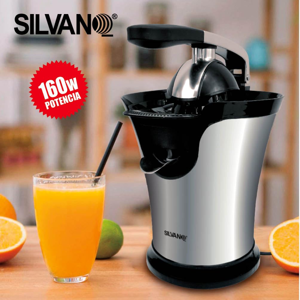 Exprimidor Eléctrico Silvano, Exprimidor de Naranjas con Palancas de Presión, Extractor Zumo 160W, Boquilla de Acero Inoxidable con Sistema Antigoteo, Base Antideslizante, Apto Lavavajillas