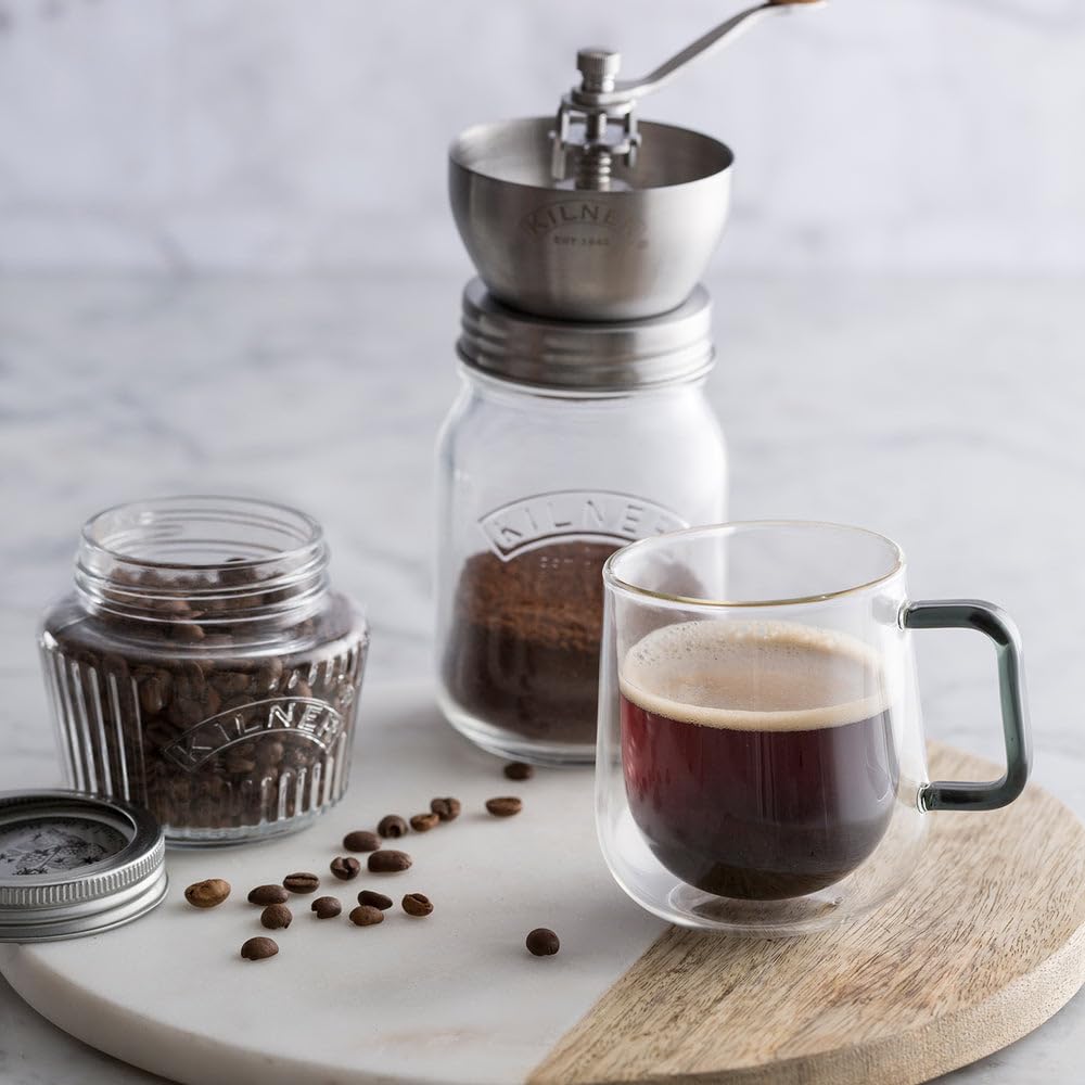 KILNER Kaffeemühle mit Vorratsglas 0,5 L, Edelstahlmahlwerk, verstellbar | Verstellbarer Drehmechanismus, luftdichter Schraubverschluss, spülmaschinengeeignet, robust, 545 g, hochwertiger Edelstahl