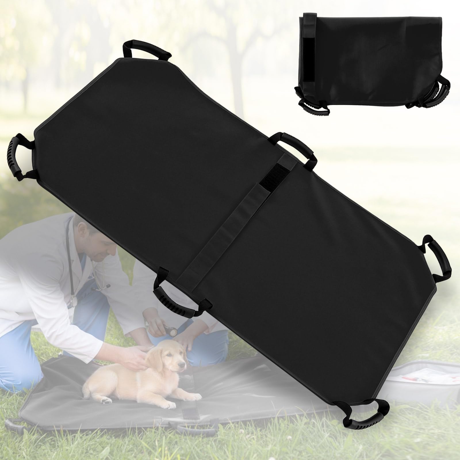 SGKOMN Transport Stretcher for Large Dogs with 6 Handles 47" L X 29" W Animal Folding Emergency Transport Carrier with Safety Strap, Max 250lbs, Black