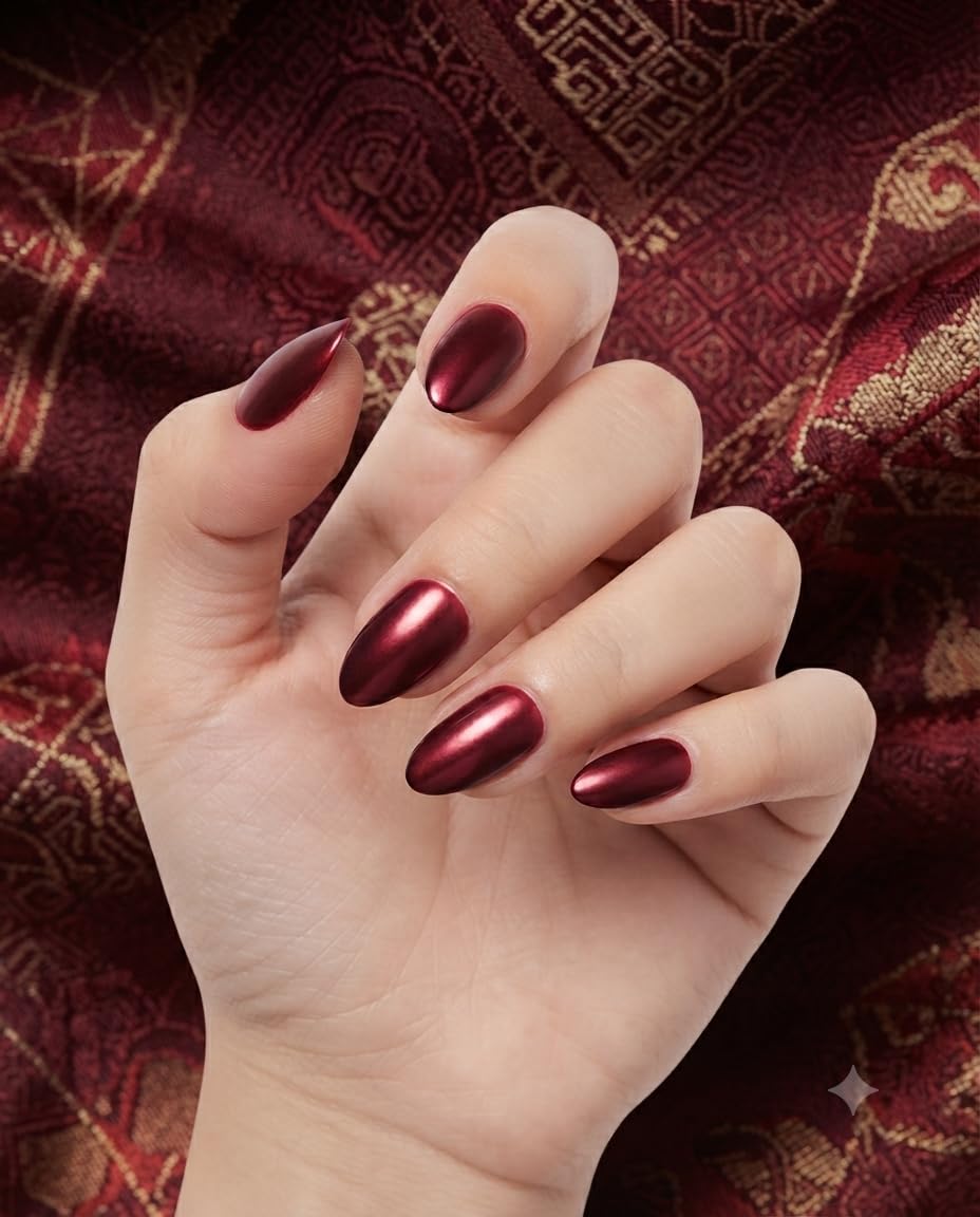 Press on Nails, 24 Pcs Metallic Burgundy Almond Fake Nails | Glossy Chrome Finish, Reusable, Full Cover, Rhinestone Accents, Salon Finish-image-11