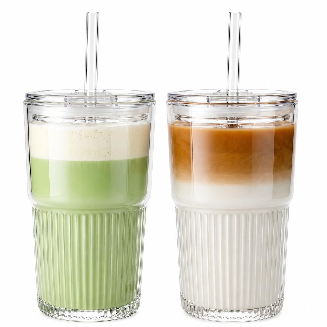 VITEVER Confezione da 2 bicchieri in vetro scanalati con coperchio e cannucce, 450 ml, bicchieri da caffè freddo, per frullati e cocktail, in vetro trasparente per la casa o per il caffè