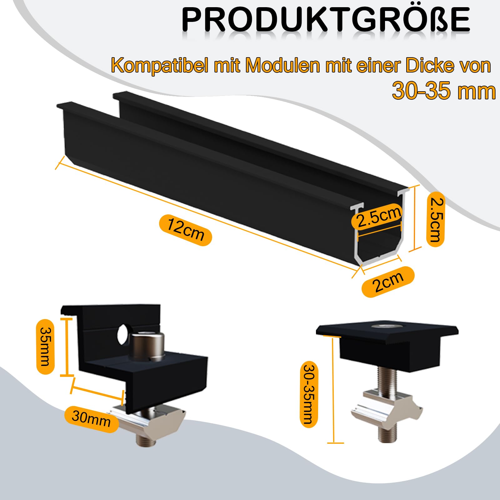 Solarmodul Halterung für 2X Module, PV Halterung Montageset - 12CM Schwarze Schiene + Verstellbare Klemme für 30-35MM Dicke Module, Alu Solarpanel Halterung Flachdach Trapezblech Blechdach