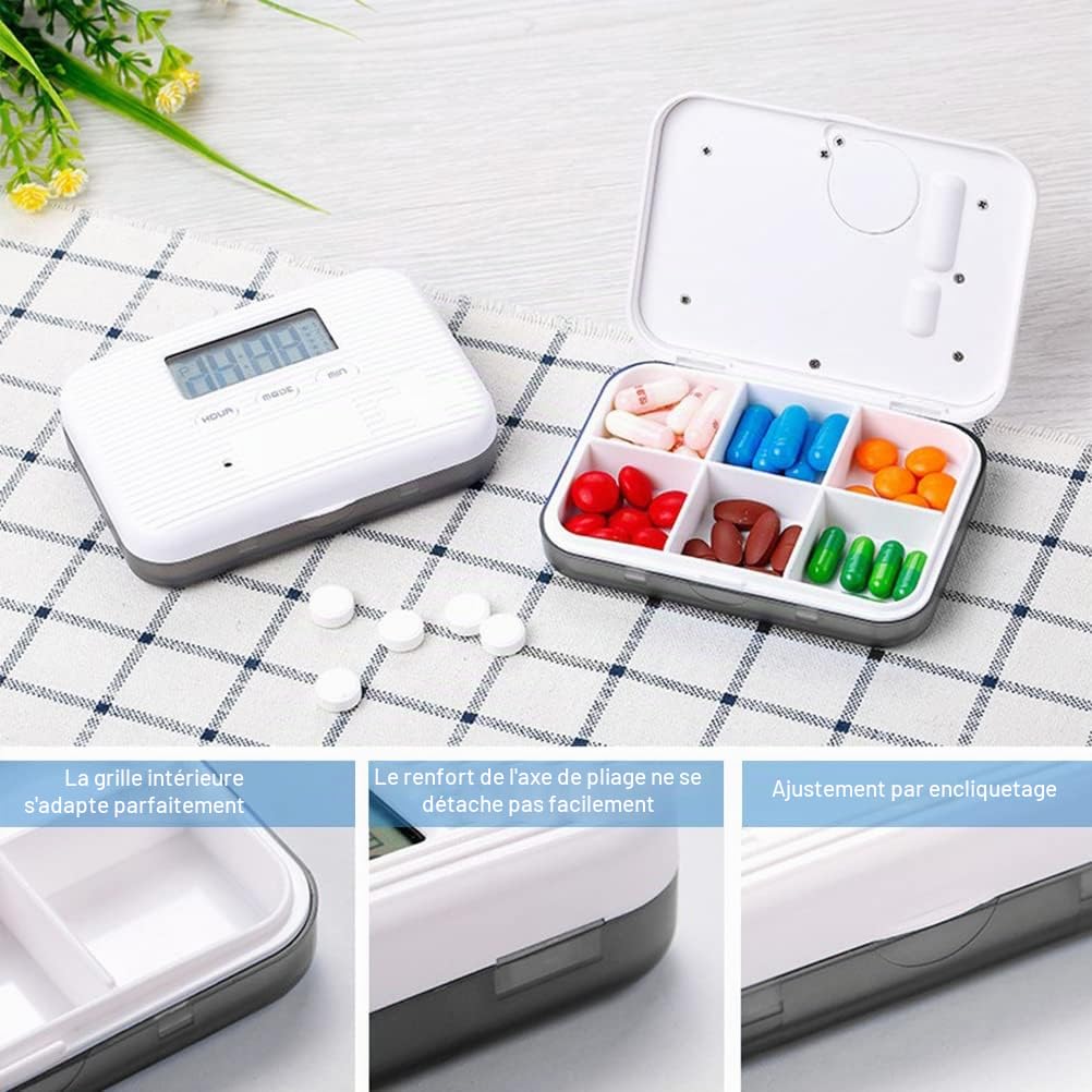 Mini pilulier électronique portable à 6 compartiments avec alarme scellée intelligente, distributeur de pilules électronique avec écran numérique, rappel de pilules journaliers