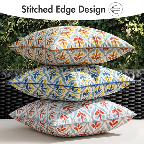 Image of MIULEE Pack of 2 Decorative Outdoor Waterproof Throw Pillow Covers Flower Print Chic Boho Accent Pillow Covers for Square Garden Patio Cushion 18x18 Inch, Orange Teal Red