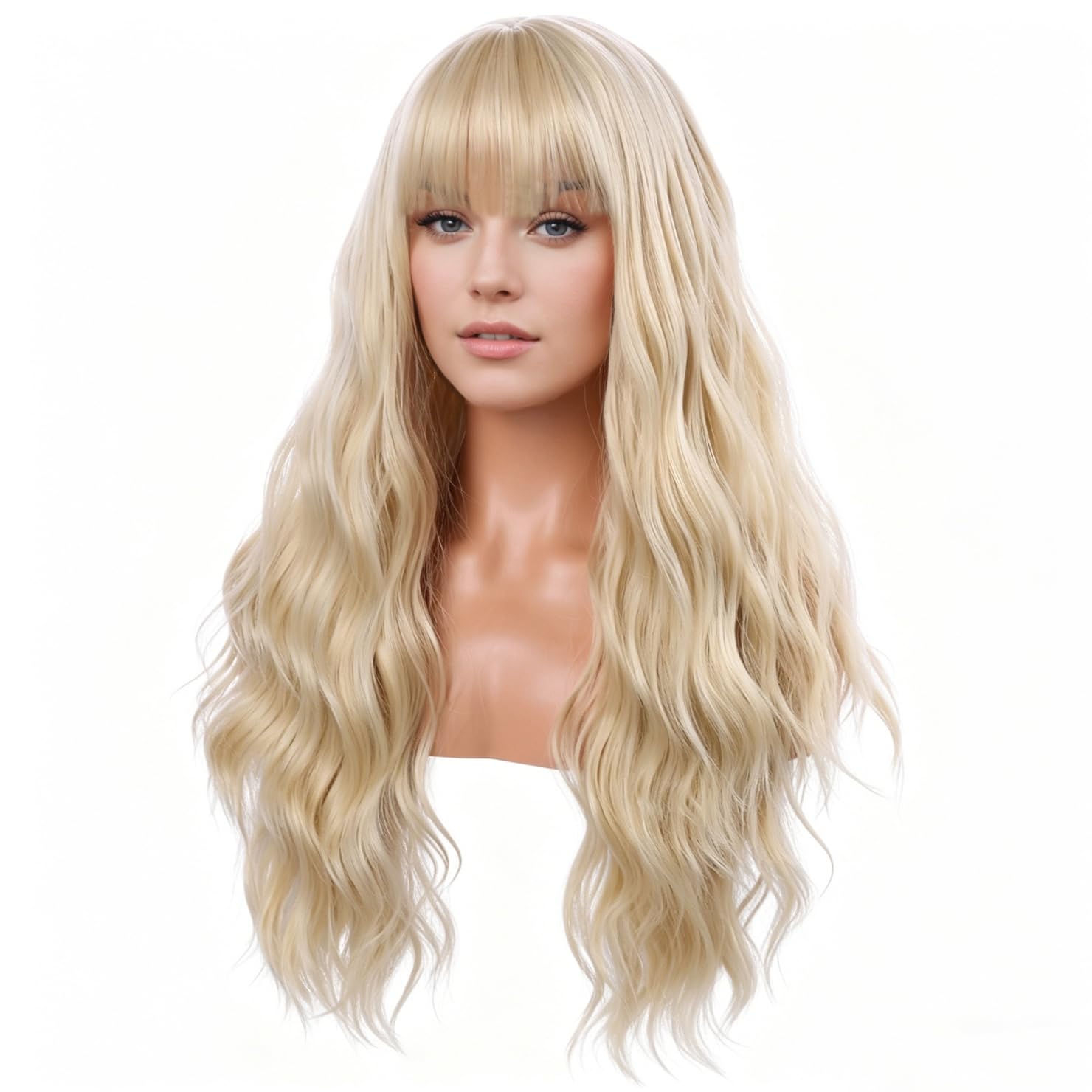 Blonde Wig for Women Long Wavy Blond Wig With Bangs Light Blonde Synthetic Cosplay Party Daily Wigs