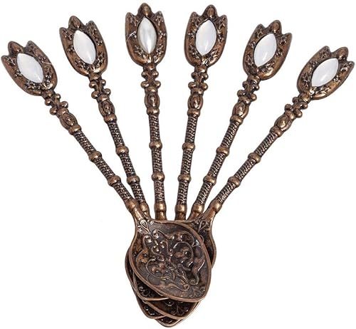 Miniatura 4 de Alisveristime Juego de vasos de té turco hechos a mano, motivos tradicionales turcos, juego de 6 con tapas y cucharas de té (cobre)