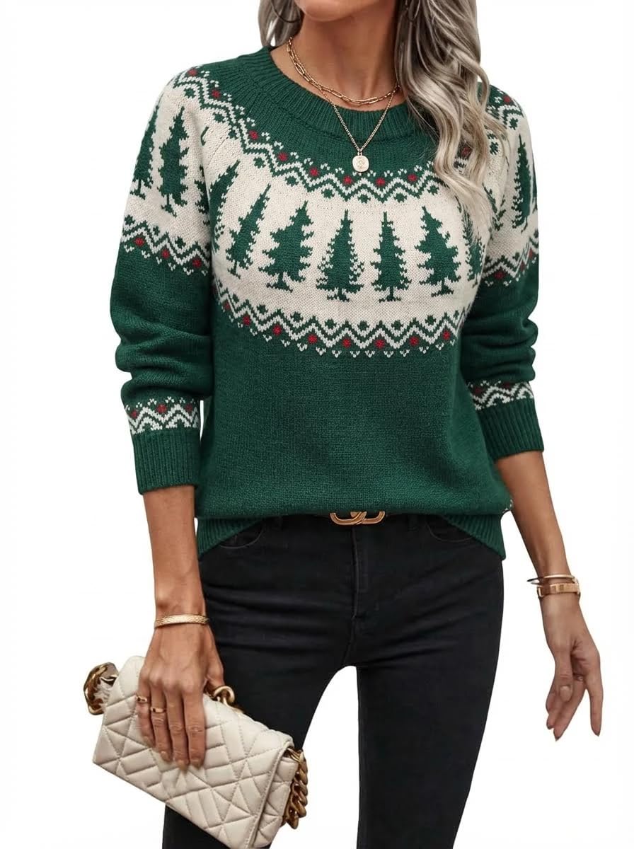 Mywinway Fair Isle Sweater Women Fall Winter Christmas Vintage Trendy Floral Long Sleeve Crew Neck Knit Pullover Tops