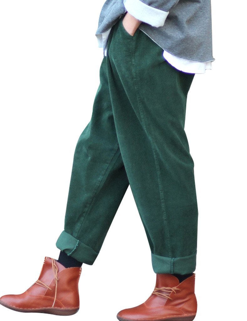 Youlee Women's Elastic Waist Corduroy Trouser with Pockets Dark Green