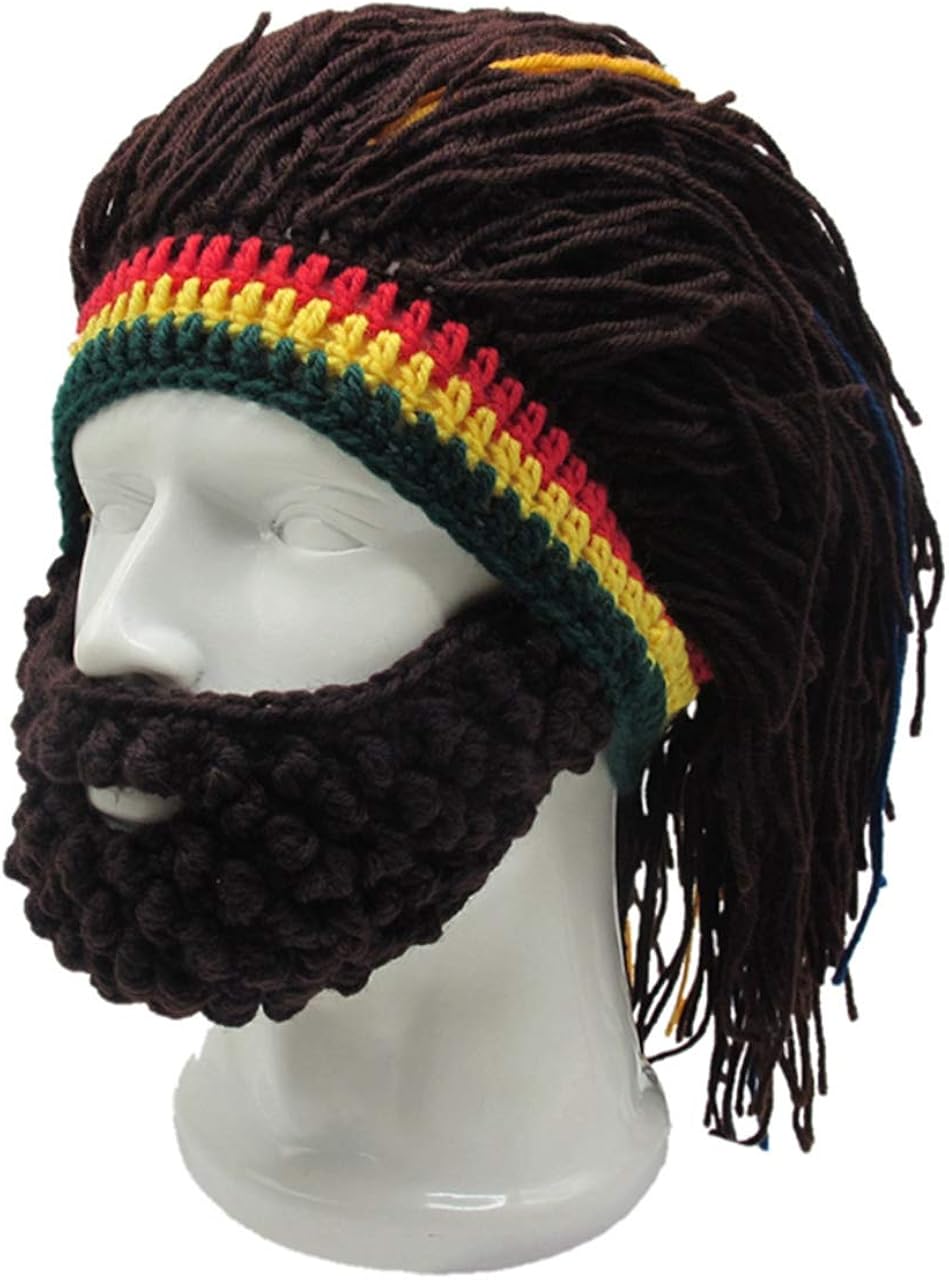 FALETO Funny Knit Beanie Beard Hat Rasta Hat with Dreadlocks Handmade Wig Fancy Halloween Caps,Brown : Clothing, Shoes & Jewelry