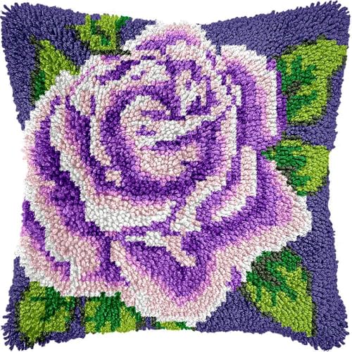 Image of Howie's Latch Hook Kit, DIY Purple Rose Pillow Crochet Yarn Kits for Adults, Color Preprinted Pattern Embroidery Sofa Cushion Cover (Purple Rose, 16.93 x 16.93 inch)