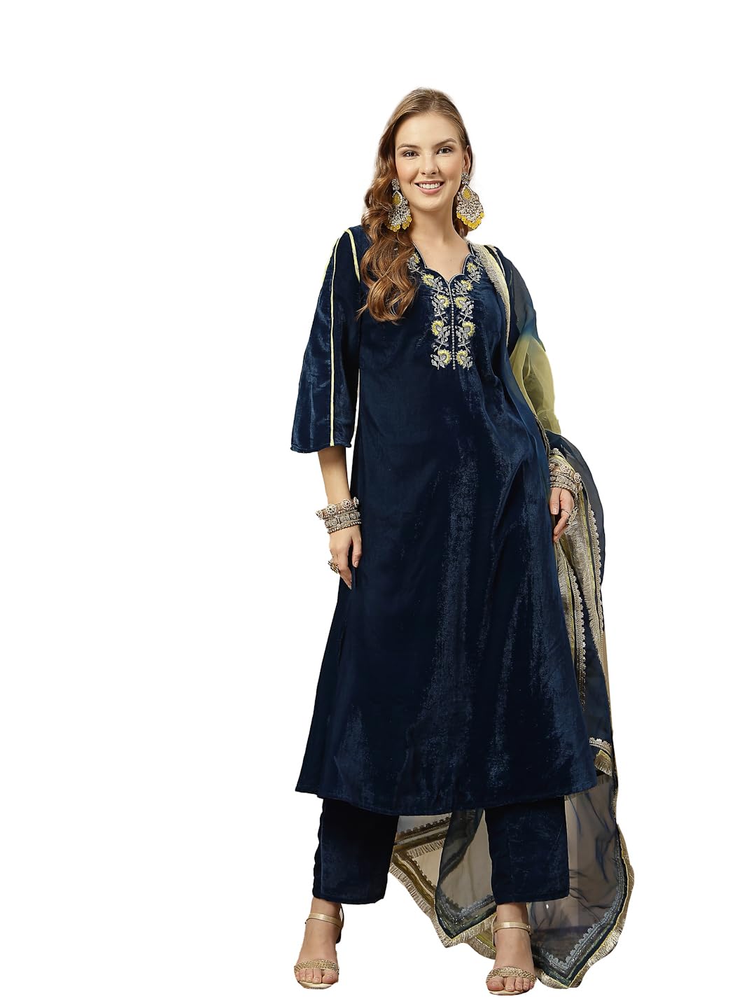 stylum Women's Blue Solid & Embroidered Velvet A-Line Kurta Pant Dupatta Set-picture-42