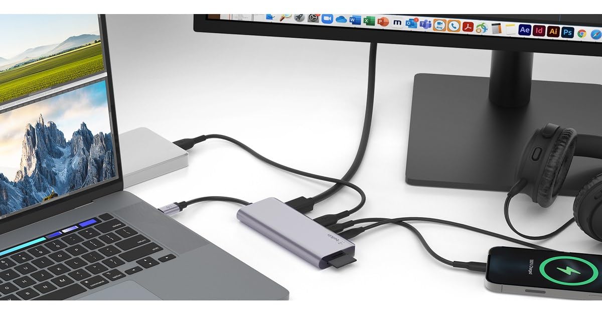 Belkin - Hub USB-C multiporta 7 in 1 (con HDMI 4K, USB-C, 2 USB-A, porta audio da 3,5 mm, slot per SD 3.0 e Micro-SD 3.0, per MacBook Pro, MacBook Air, iPad Pro, XPS e altri)