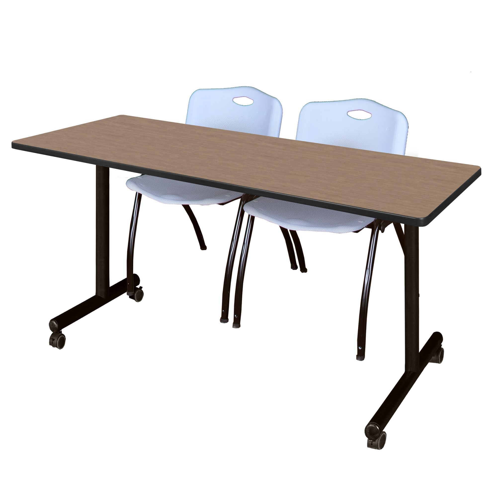 Romig Axis-Pro 60 x 24 in. Mobile T-Base Training Table- Noble Oak, 2 M Stack Chairs- Grey