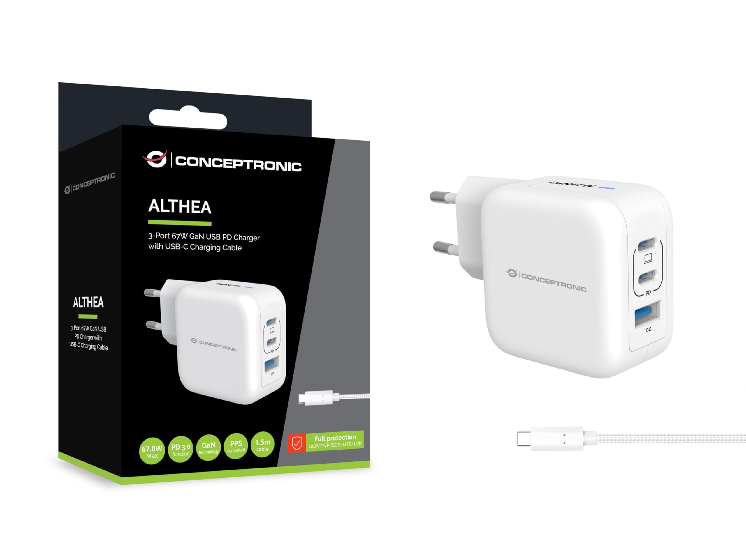 CONCEPTRONIC ALTHEA12W 65W GaN USB-Ladegerät – 2x USB-C PD 3.0, 1x USB-A QC 3.0, Kompakt & Sicher