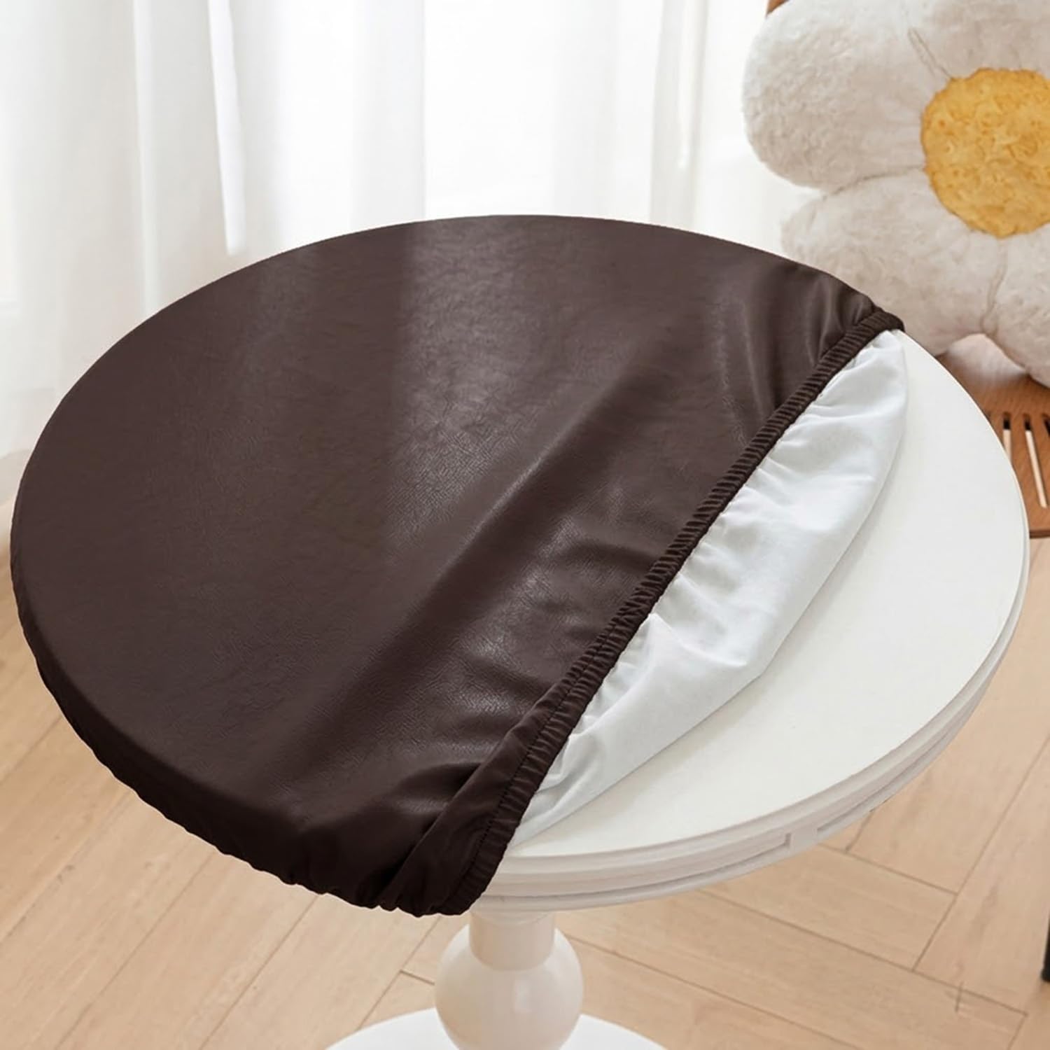 Round Fitted Tablecloth PU Leather Waterproof Elasticated Edge Wipeable Circular Table Cover for Indoor Outdoor Patio BBQ Dining Table Protector(Coffee,100cm)