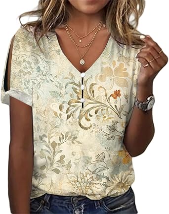 Bohemian Tops for Women Floral Print Button V Neck Short Sleeve Dressy Casual Blouses Vintage Ethnic Graphic Tee