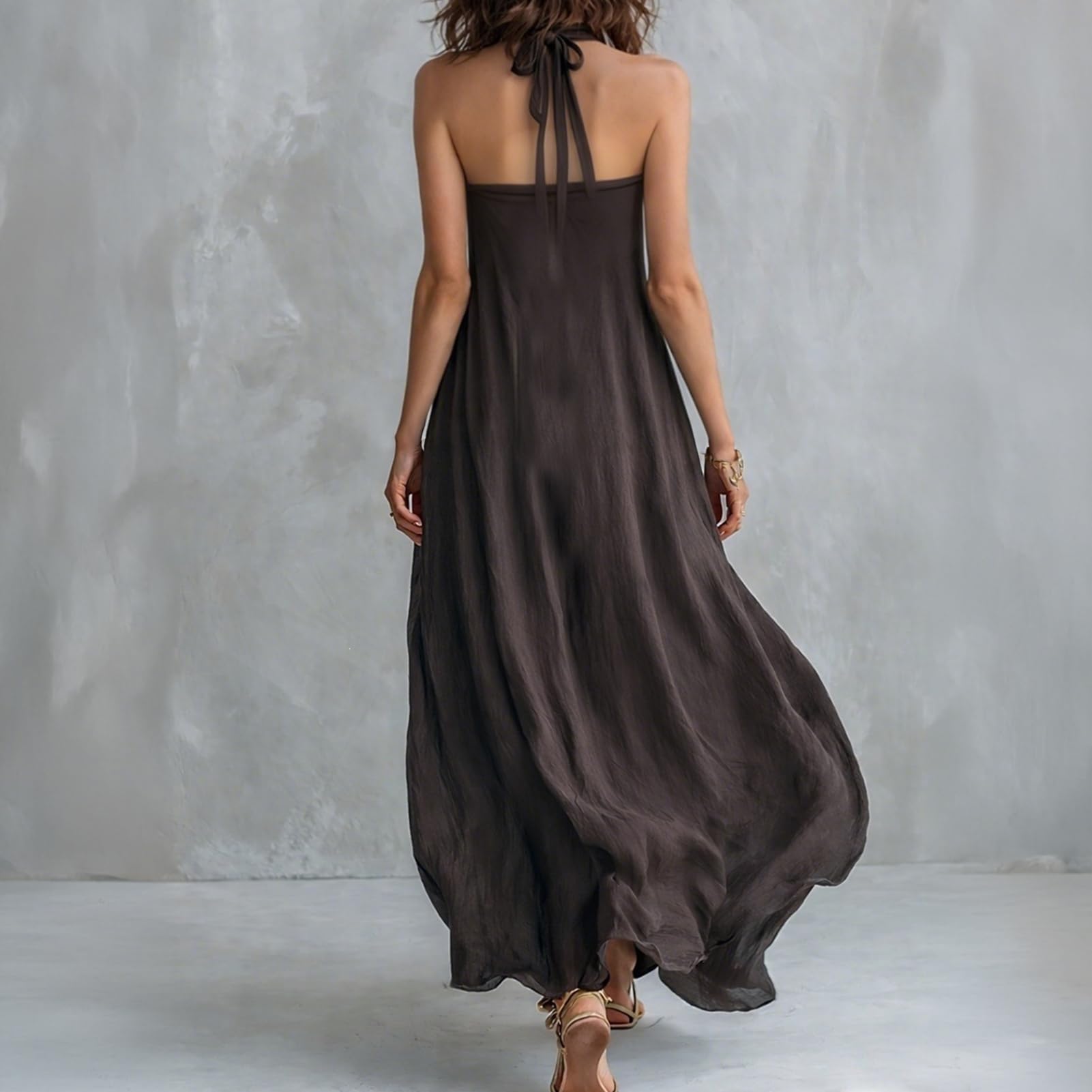 Maxi abito estivo da donna con scollo all'americana, senza maniche, linea ad A, fluido, lungo, casual, per spiaggia, vacanze e tempo libero quotidiano